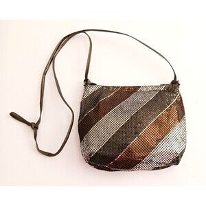 VTG 80s  Whiting & Davis Mesh Crossbody Bag Silver Copper Bronze Striped Mesh